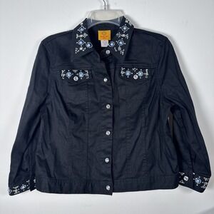 Ruby Rd Women's Size 10p Embellished Denim Jean Jacket Black Excellent